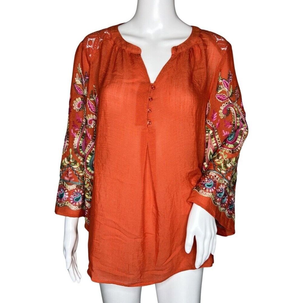 Christopher & Banks Shirt Women Large Orange Floral Embroidered Bohemian Peasant